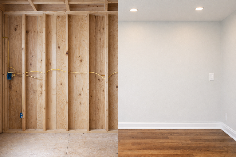 Electrical work before and after showing Lighting upgrades, outlets/switches, clean wiring, and safe coordination with renovations.